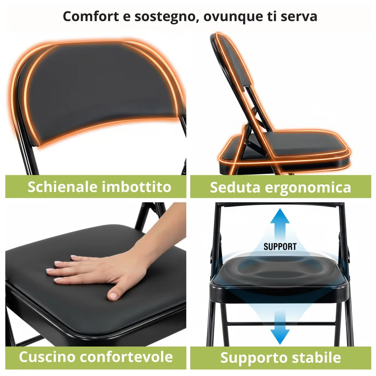 Marvin Sedia Kant Pieghevole Imbottita Portatile Salvaspazio in Metallo Richiudibile Sedie per Cucina Giardino Camera Sale Eventi Ufficio (Nero)