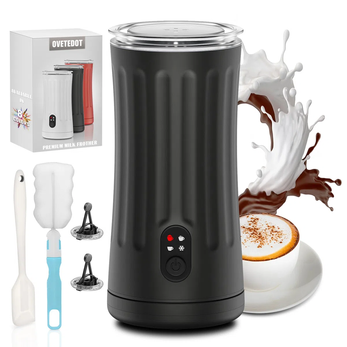 Montalatte Elettrico, Automatico 4 in 1 Cappuccinatore Elettrico, Schiuma di Latte Calda e Fredda, Montalatte Silenzioso per Caffè, Cappuccino, Macchiato, Cioccolata Calda, Nero