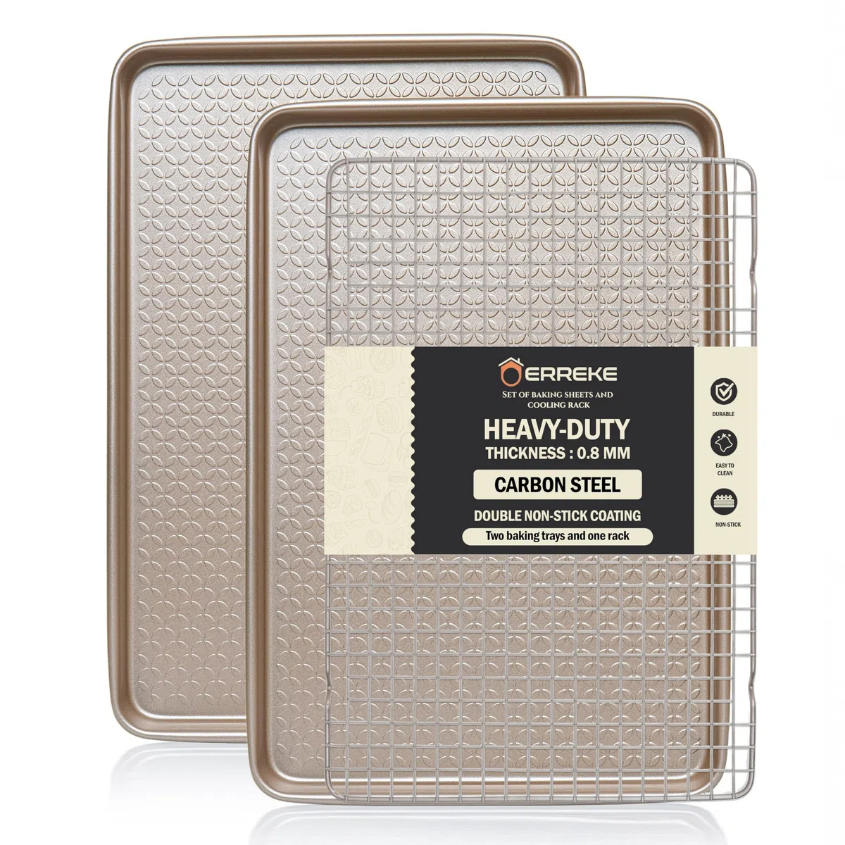 Erreke Set Teglie da Forno Antiaderenti con Griglia, 40x27cm Acciaio al Carbonio 0.8 mm Rettangolare, Ideale per Pizza, Biscotti, Pollo, Pesce e Verdure al Forno, Lavabile in Lavastoviglie, Robusto