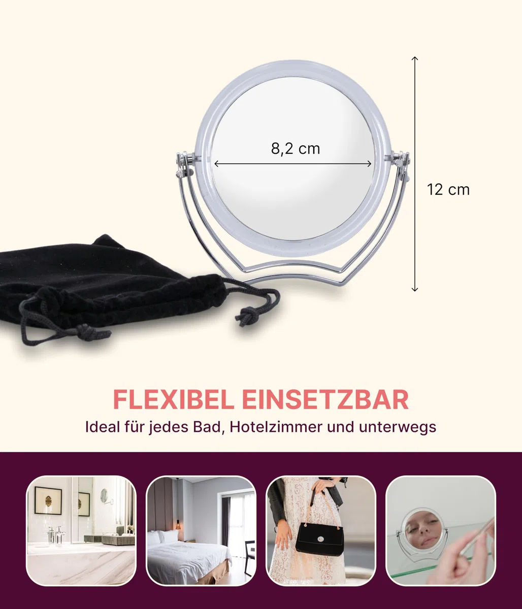 Fantasia - Specchio da viaggio in acrilico con staffa in metallo, pieghevole, con ingrandimento 15x, specchio a mano in argento, con supporto Ø 10 cm, altezza 12 cm, con custodia regalo