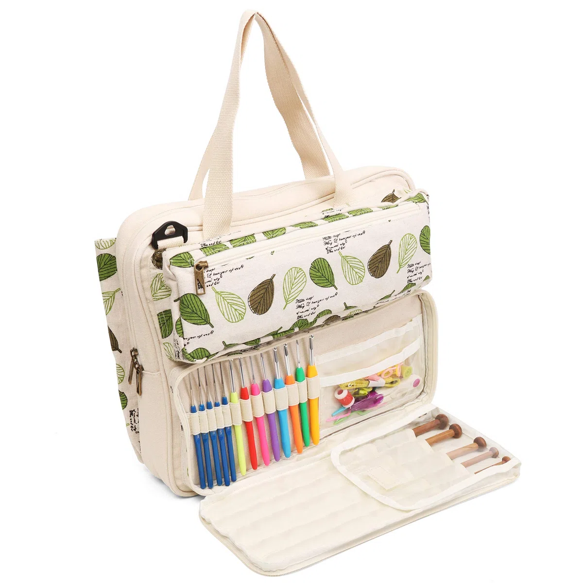 LAVIEVERT Borsa tote per lavori a maglia, borsa per riporre i filati, per il trasporto di progetti, ferri da maglia, uncinetti e altri accessori, Beige, Large