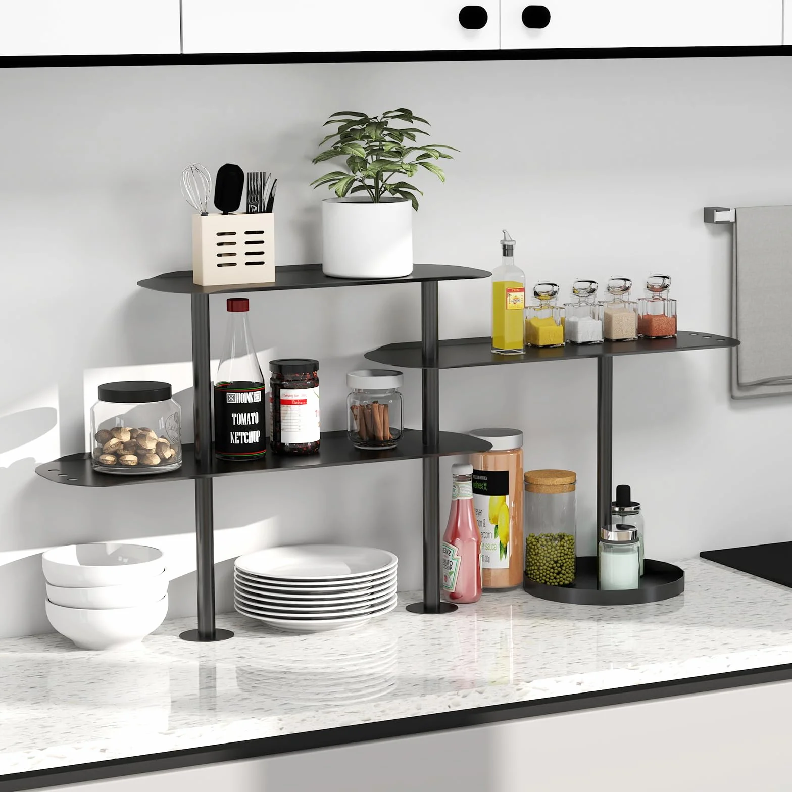 STWWO Organizzatori da Cucina Scaffali da Banco 3 Ripiani Metallo Regolabile Scaffale Portaspezie Scaffale per Condimenti Organizzatore da Bancone Ultifunzionale per Cucina Bagno Bar, Nero