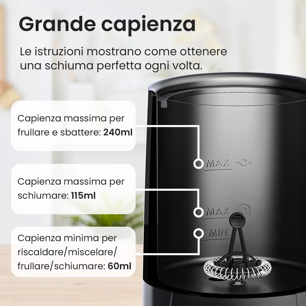 Pro Breeze, Montalatte elettrico automatico - Frullino elettrico 240 ml per caffè, cioccolata calda, frappe ghiacciati – Montapanna e schiumalatte, Nero