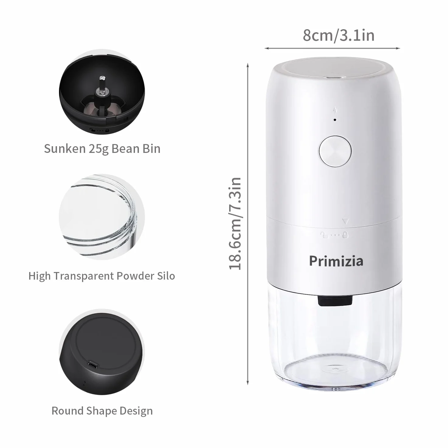 Primizia Macina Caffe' Elettrico Ricaricabile, Macina Caffè Granulometria Regolabile,Macinatura in Ceramica per Chicchi Di Caffè,Bianco (YMJ01-Bianco)
