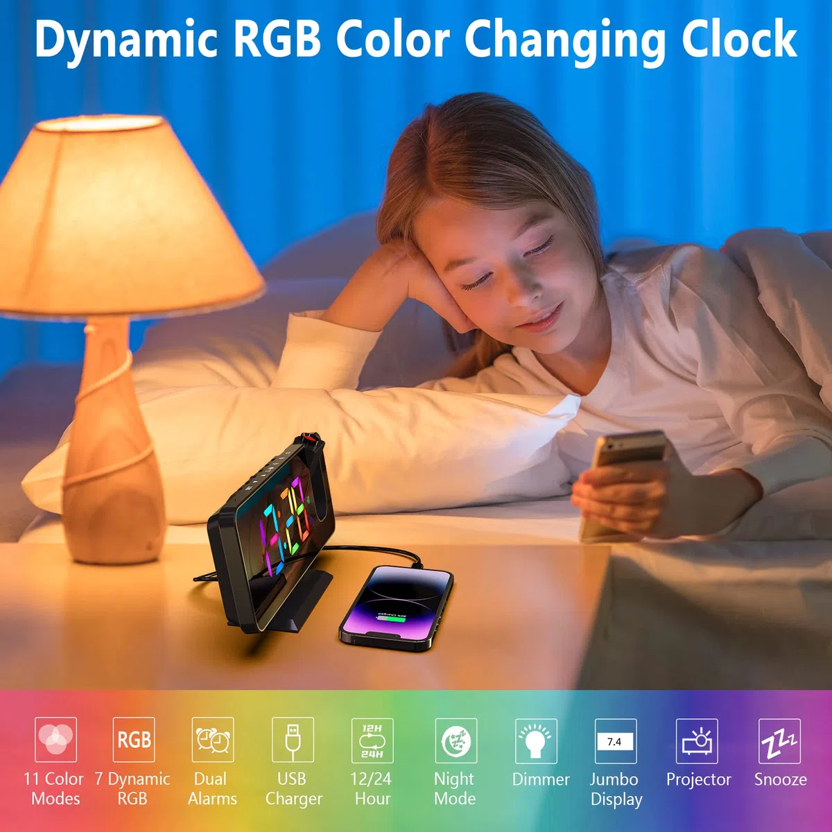 Exmate Sveglia con Proiettore, Schermo a LED a Specchio da 7.5", RGB dinamico, 5 Luminosità, Doppio Allarme con Porta USB, Sveglia Digitale con Proiettore ultra trasparente (Nero con Adattatore)
