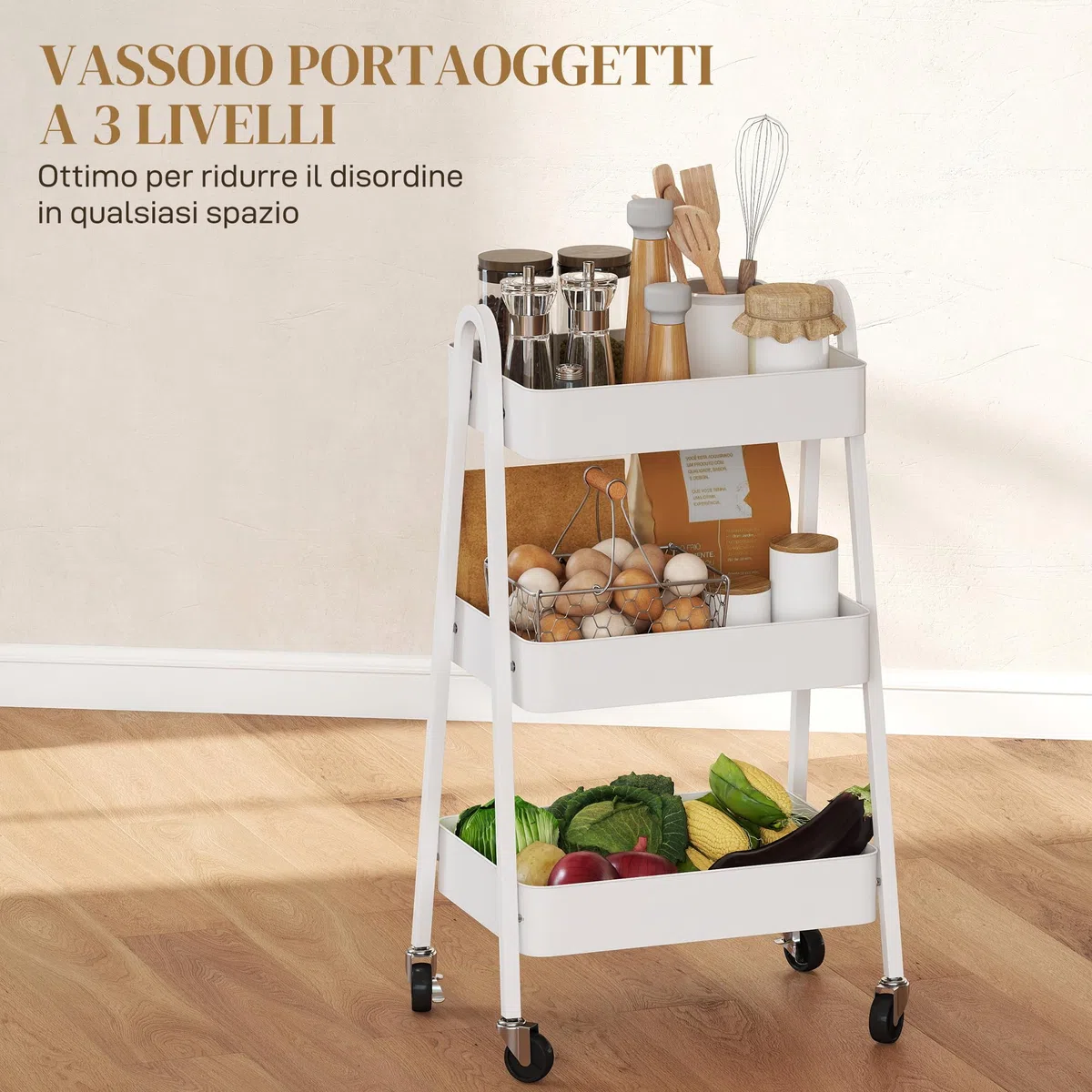 HOMCOM Carrello da Cucina a 3 Livelli con Ruote Girevoli e Maniglie, Carrello Portaoggetti Multiuso con Freni per Salotto, Soggiorno e Bagno, 42.4x29.8x74.5 cm, Bianco