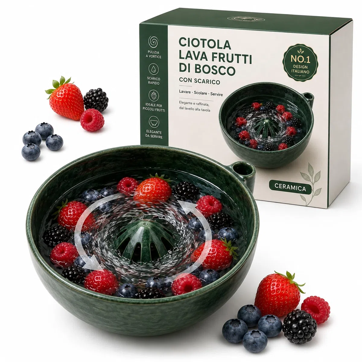 Ciotola Lavaggio Bacche con Scarico, Lava Frutta Vortice in Plastica o Ceramica, per Mirtilli, Fruttini e Frutti di Bosco (Verde)