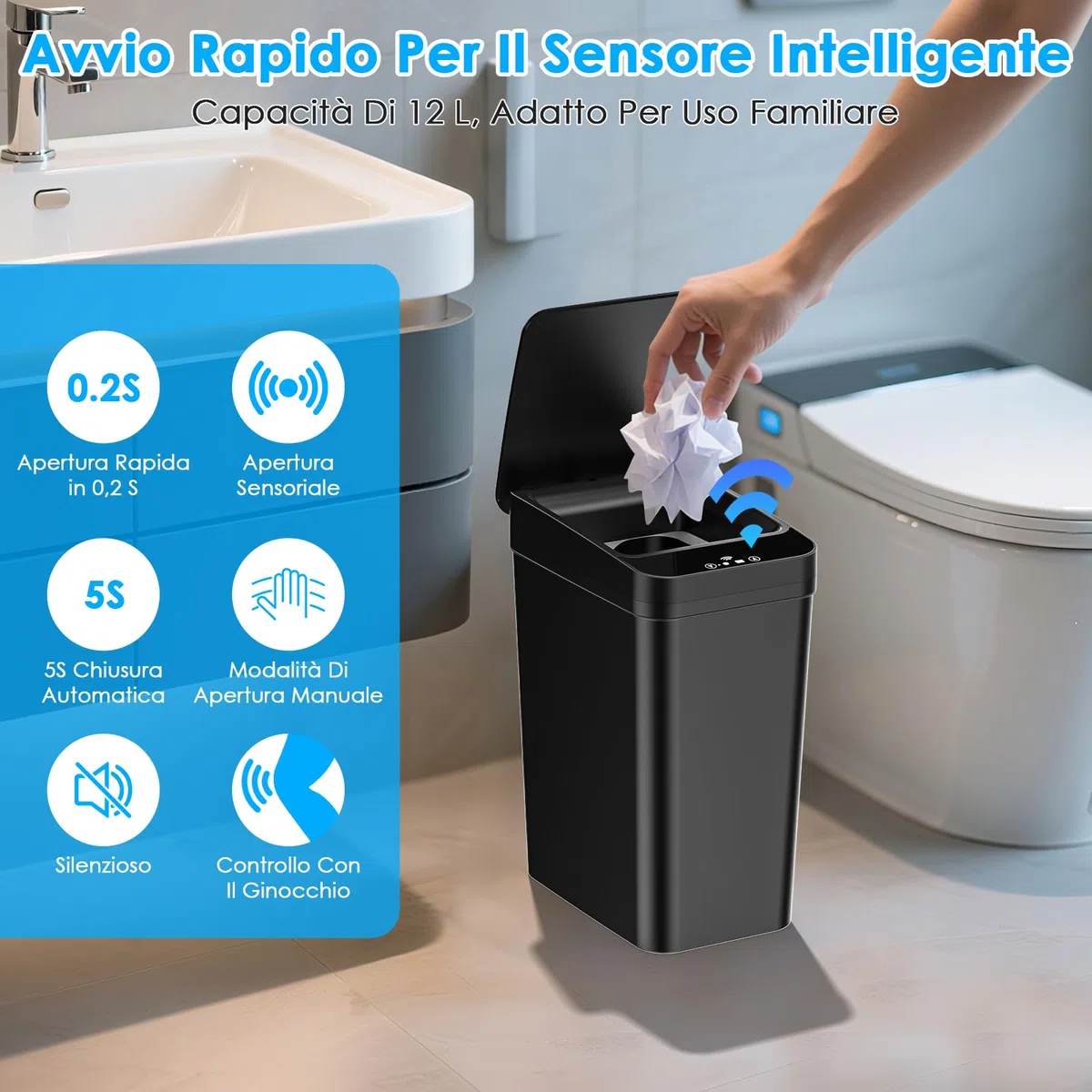 2 Cestino Bagno Pattumiera, Cestino Spazzatura Bagno Piccola da 12 litri, 3 Modalità di Funzionamento, Cestino Intelligente Silenzioso e Impermeabile, per Cucina, Ufficio, Soggiorno