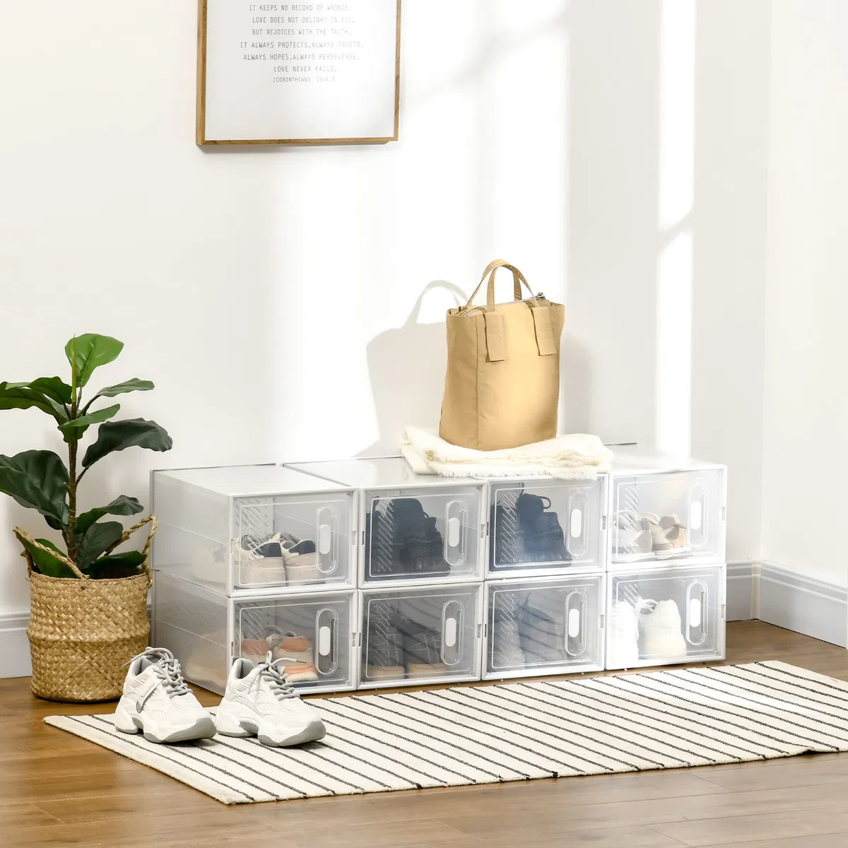 HOMCOM Scarpiera Modulare con 8 Cubi Contenitori e Porta Magnetica, Cubi Portaoggetti in PP, 25x35x19 cm, Bianco e Trasparente