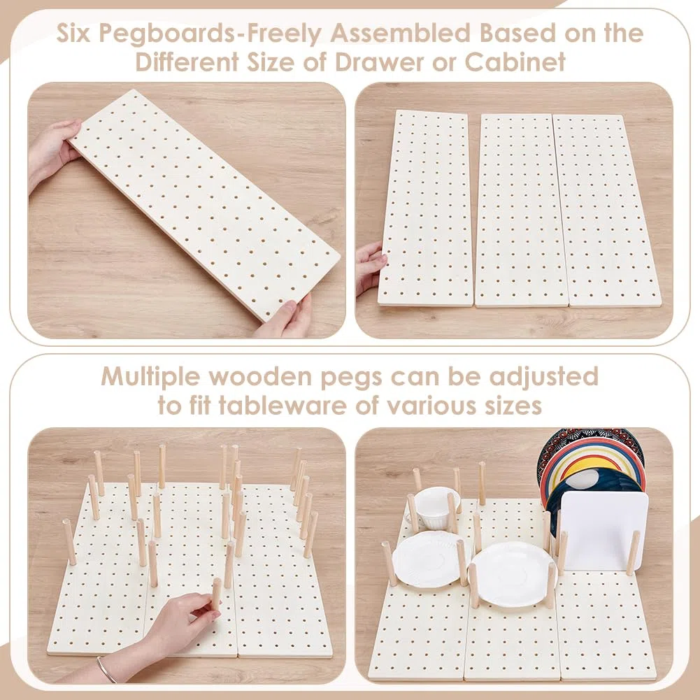 UNICRAFTALE 3 Set Pannello Perforato In Legno Organizzatore Cassetto Vassoio Regolabile Con 24 Tasselli Per Stoviglie Pentole Utensili Da Cucina