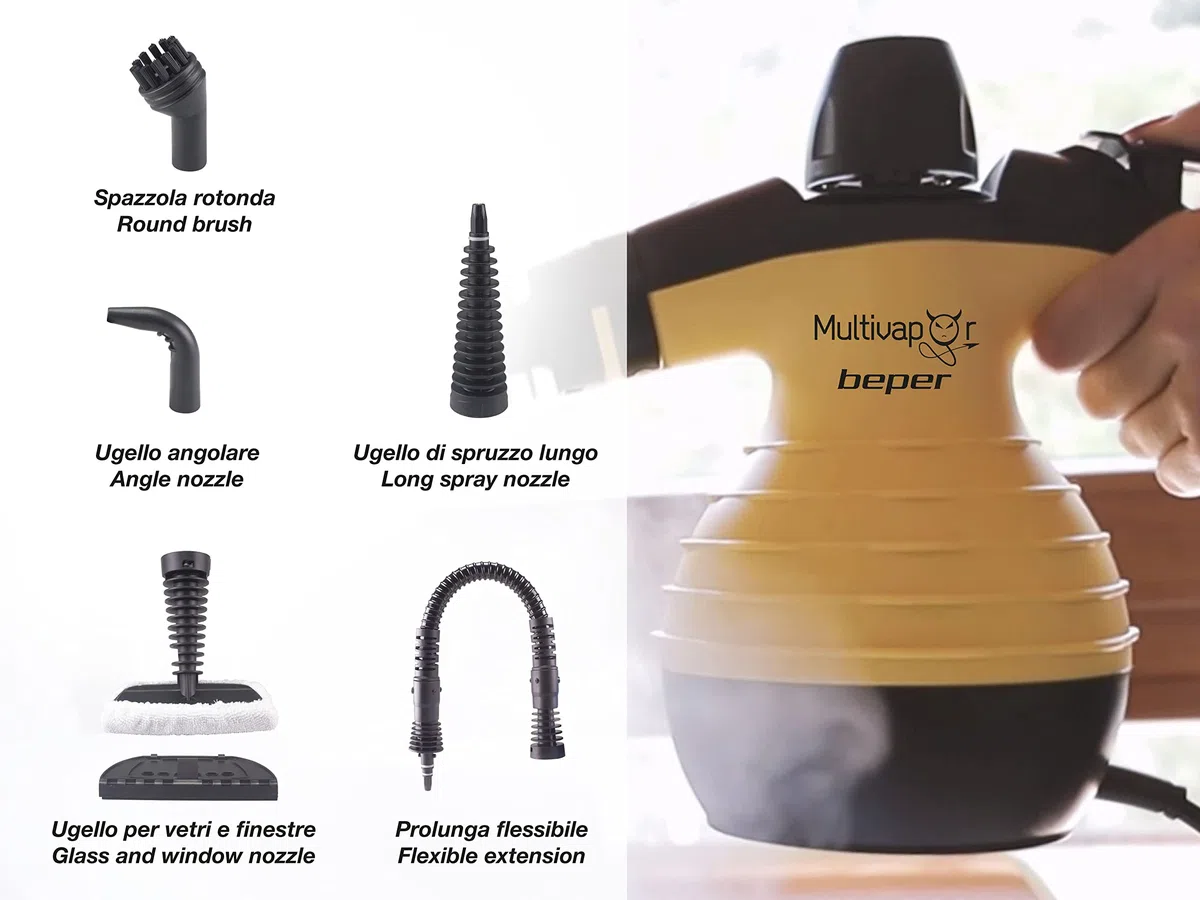 Beper Pulitore a Vapore Igenizzante, Caldaia in Alluminio da 350 Ml, Pulsante Vapore Continuo, Pressione 3.2 Bar, 30 G/Min, Cavo da 3 M Giallo/Nero