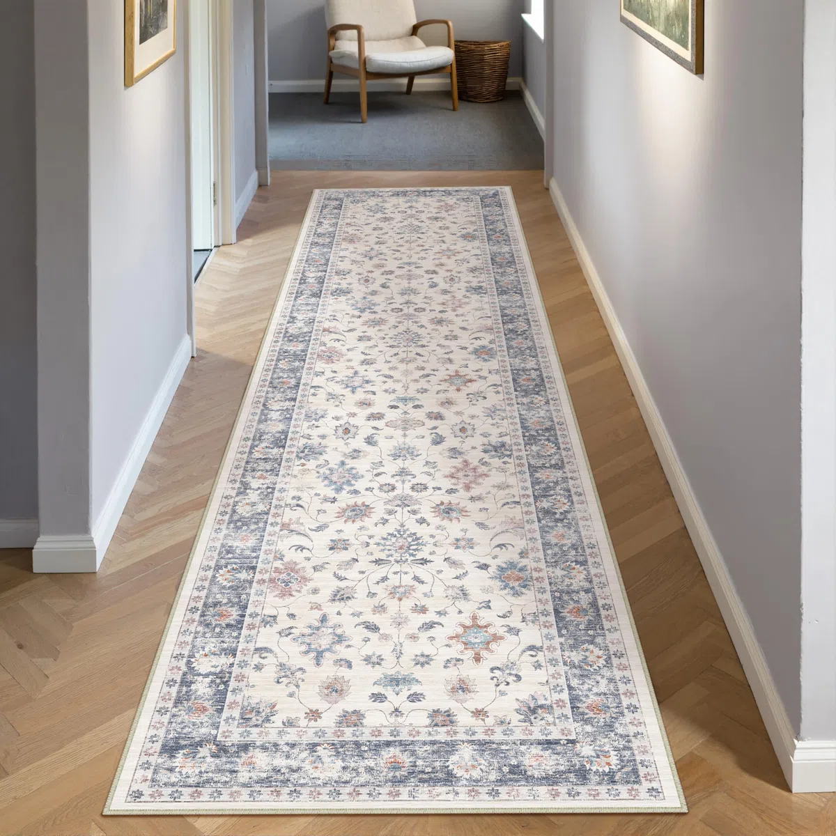 PureCozy Tappeto Corridoio Blu Tappeti 60x240cm Cucina Antiscivolo Lavabile in Lavatrice Moderno Floreale Tapette Camera da Letto Scendiletto Cameretta Ufficio Pelo Corto Lungo Carpet