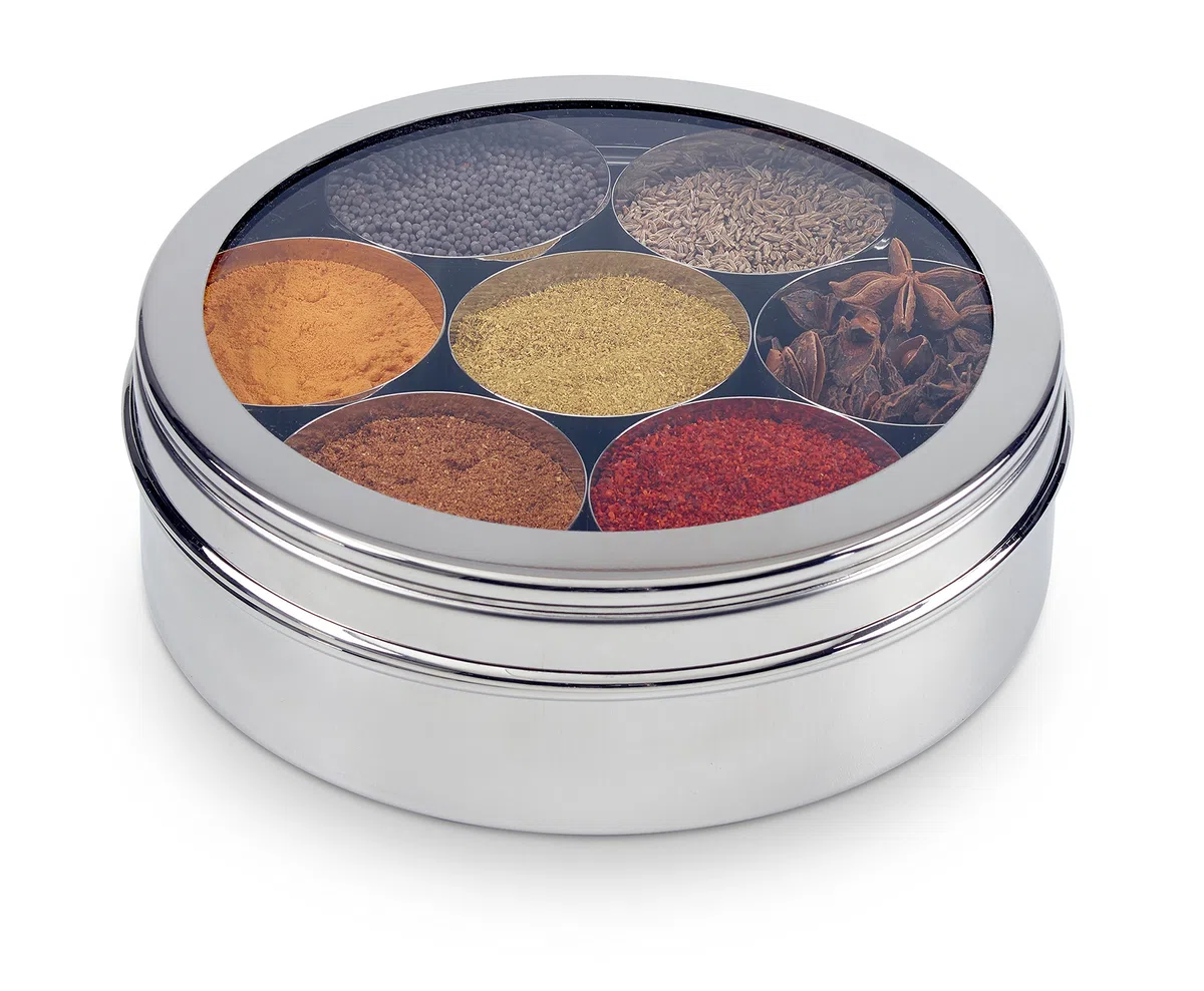 Scatola per spezie/Masala Dabba con 7 compartimenti e Coperchio Trasparente, in Acciaio Inox, 24 cm