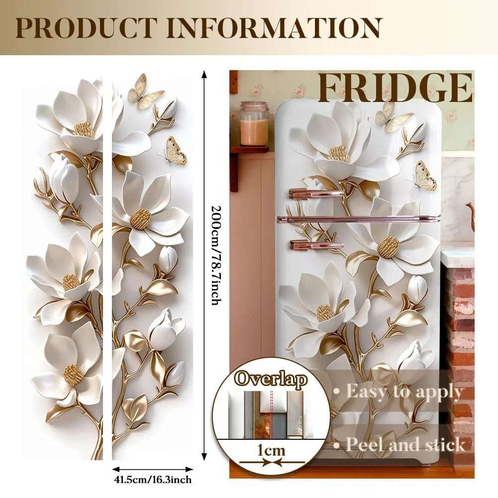 2 involucri rimovibili per frigorifero, motivo orchidea falena in rilievo, autoadesivi, per frigorifero, porte, congelatori, pannelli adesivi per cucina, bar, 41,5 x 200 cm