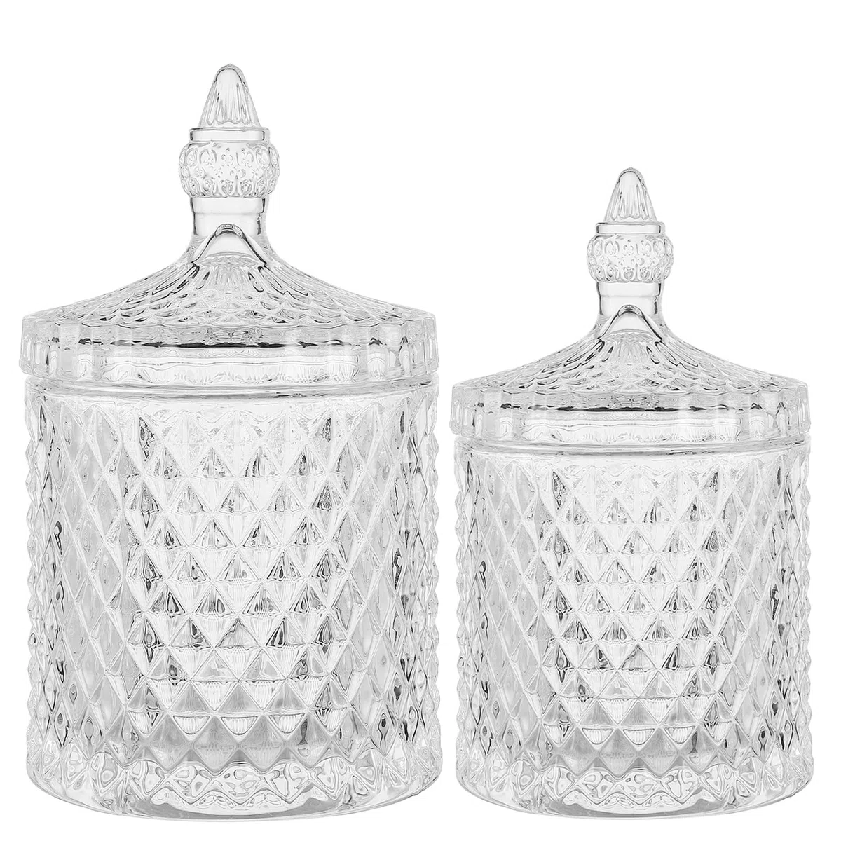 Qtip - Vasetti in vetro per farmaci, con coperchio, accessori per il bagno, organizer per il trucco e contenitori per tamponi di cotone, confezione da 2 pezzi piccoli e grandi, trasparenti