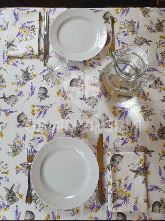 Tovaglia da tavola Stampata in 100% Cotone con TOVAGLIOLI Dis. CONIGLIETTI Adatta per l'uso quotidiano Prodotto Ideato, Tessuto e Confezionato in Italia (Per 12 Persone 140x240cm)