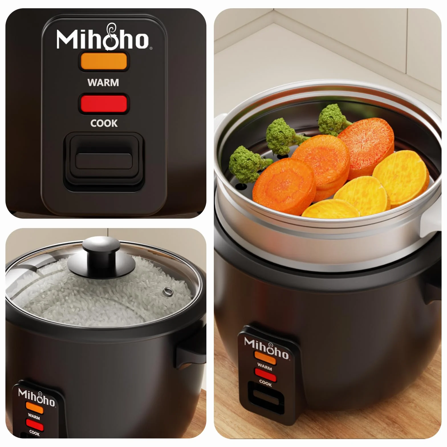 Cuociriso elettrico da 2 l, ciotola in acciaio inox con coperchio in vetro, funzione di mantenimento al caldo, funzione di cottura a vapore, con inserto per vapore, cucchiaio, misurino (nero F)