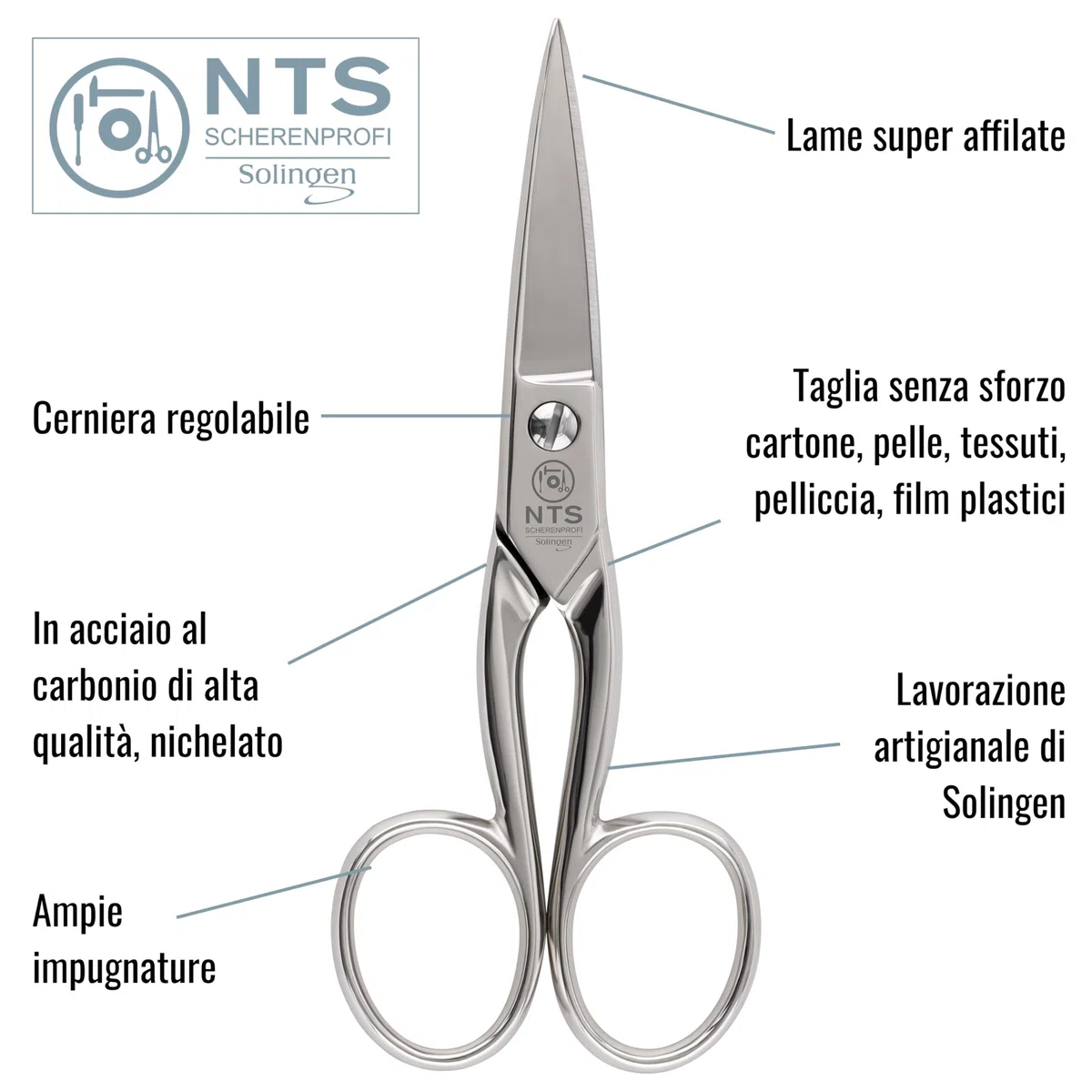 Forbici industriali multiuso a punta | Acciaio al carbonio C60 nichelato | 13 cm (5") | Prodotto a Solingen