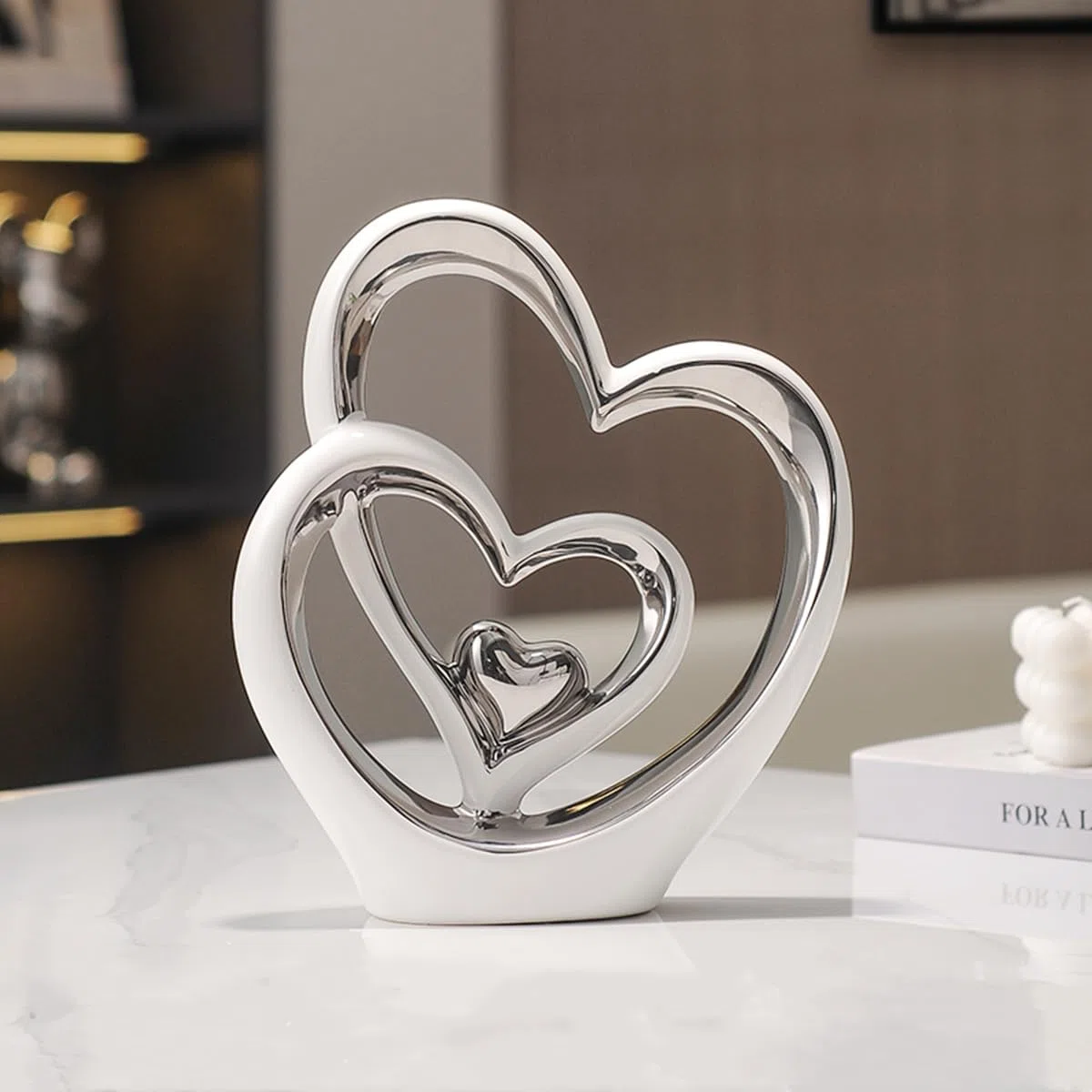 Statua in ceramica a doppio cuore,Elegante cuore per la decorazione,scultura decorativa per la casa,soggiorno,decorazione dell'ufficio,adatta come regalo.
