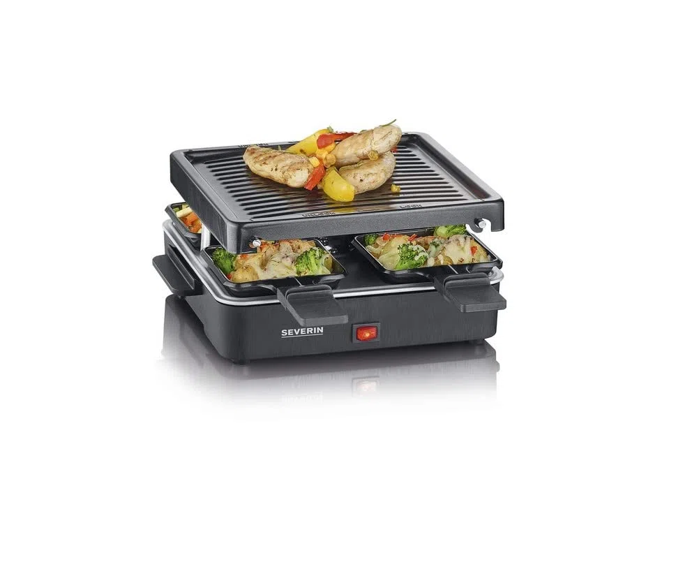 SEVERIN Mini Raclette Grill, 600W, 4 Padelline Antiaderenti, Piastra Antiaderente Scanalata (21x21 cm), Interruttore On/Off, 26,0 x 40,0 x 12,2 cm, Nero - RG 2370