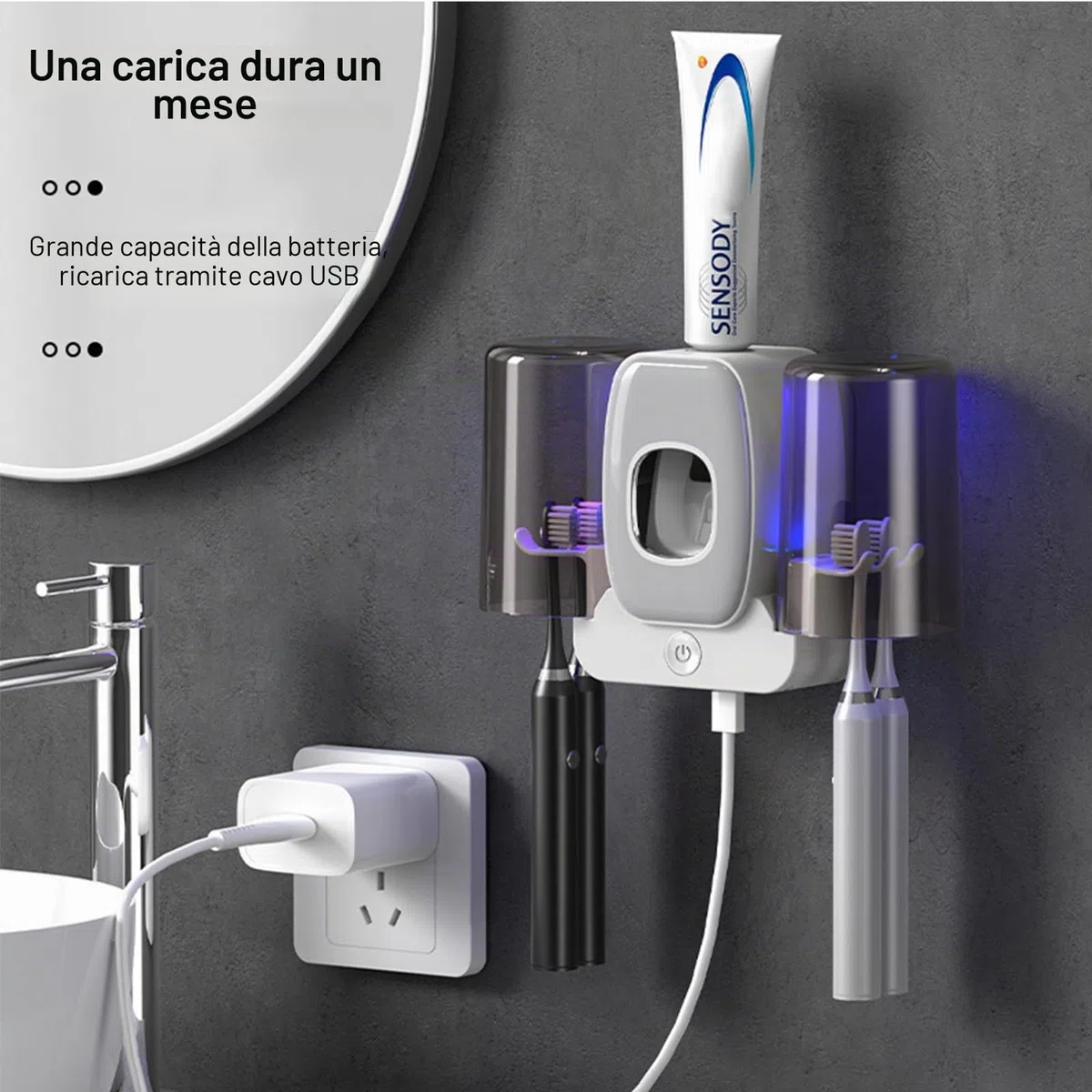 Porta Spazzolino UV Sterilizzatore, Dispenser Dentifricio Automatico, Intelligente Portaspazzolino Elettrico a Parete on sterilizzatore di asciugatura, adatto per la maggior parte delle case (grigio)