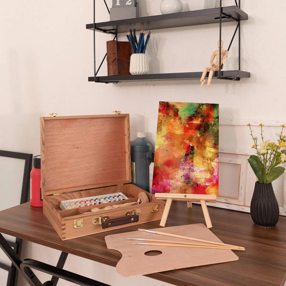Relaxdays Valigetta Pittore, 22 pz,Set Disegno in Legno, Manichino, Tavolozza, Pennelli, Tela, Cavalletto, Colori,Legno