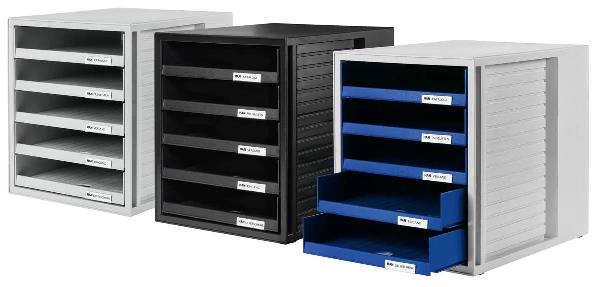 Cassettiera portadocumenti HAN SET-ARMADIO – design accattivante per documenti fino al formato C4, 5 cassetti aperti, grigio chiaro, 1401-11