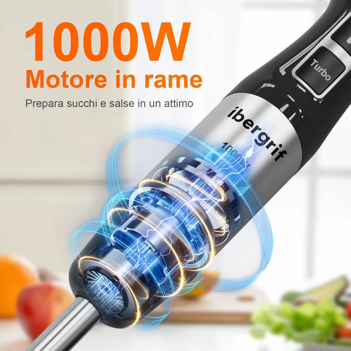 Ibergrif Frullatore a Immersione 1000W 4-in-1 in Acciaio Inox con Regolazione Continua della Velocità e Pulsante Turbo, Minipimer Immersione Set con Tritatutto 500ml, Bicchiere Dosatore 600ml, Frusta
