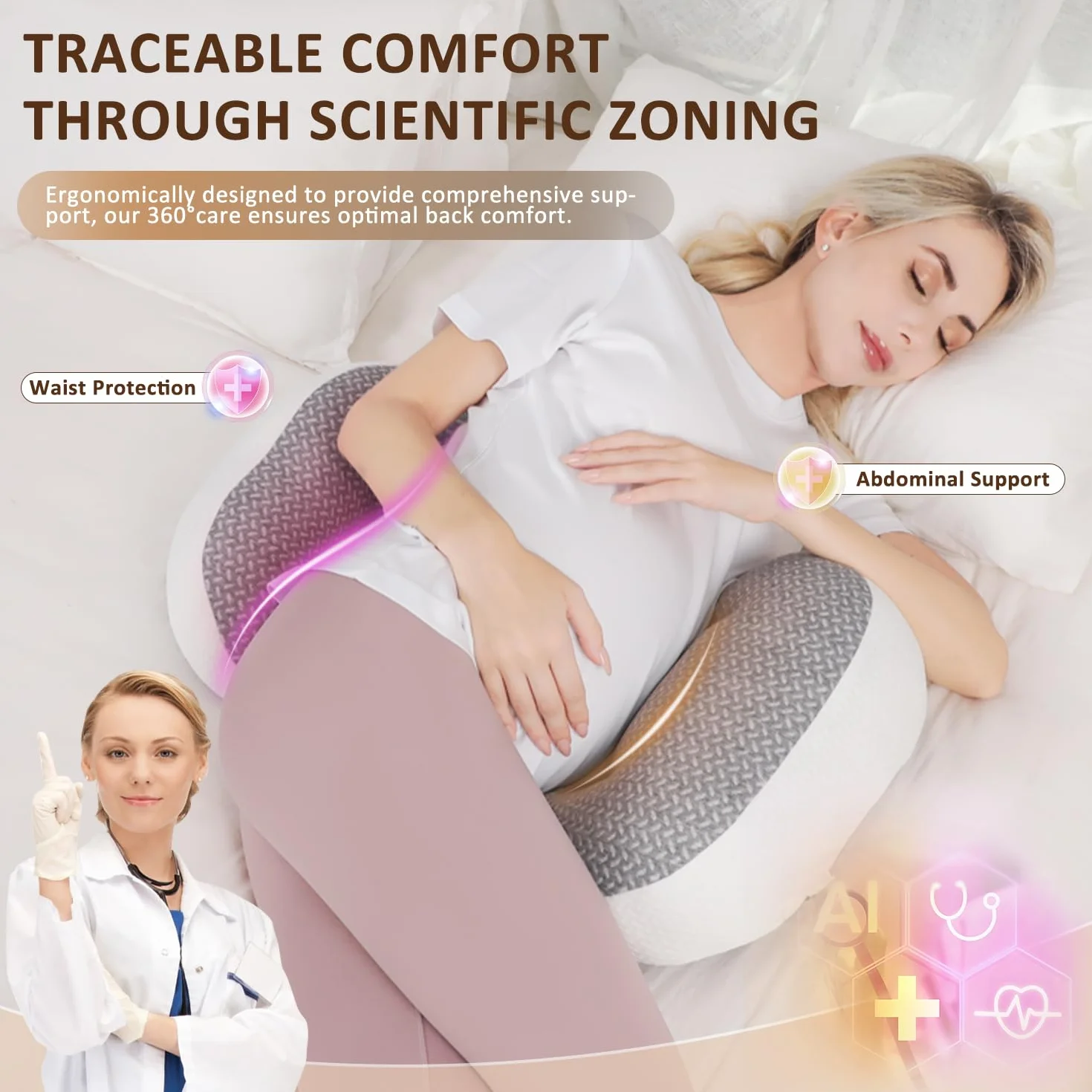 Chilling Home Cuscino per gravidanza per dormire, cuscino premaman per pancia, regolabile e portatile, per adulti, con fodera traspirante (grigio)
