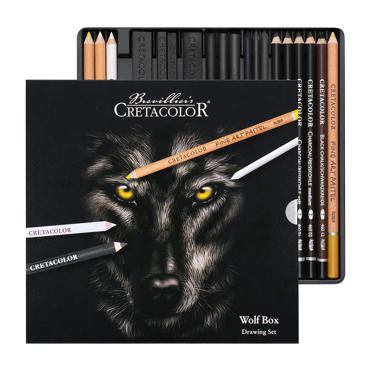 CRETACOLOR Wolf Box, Nero - Bianco Set di Segni, 25 pezzi, utensili da disegno di alta qualità, tra cui Knetradierer & Künstlerspitzer, e pelle lucida