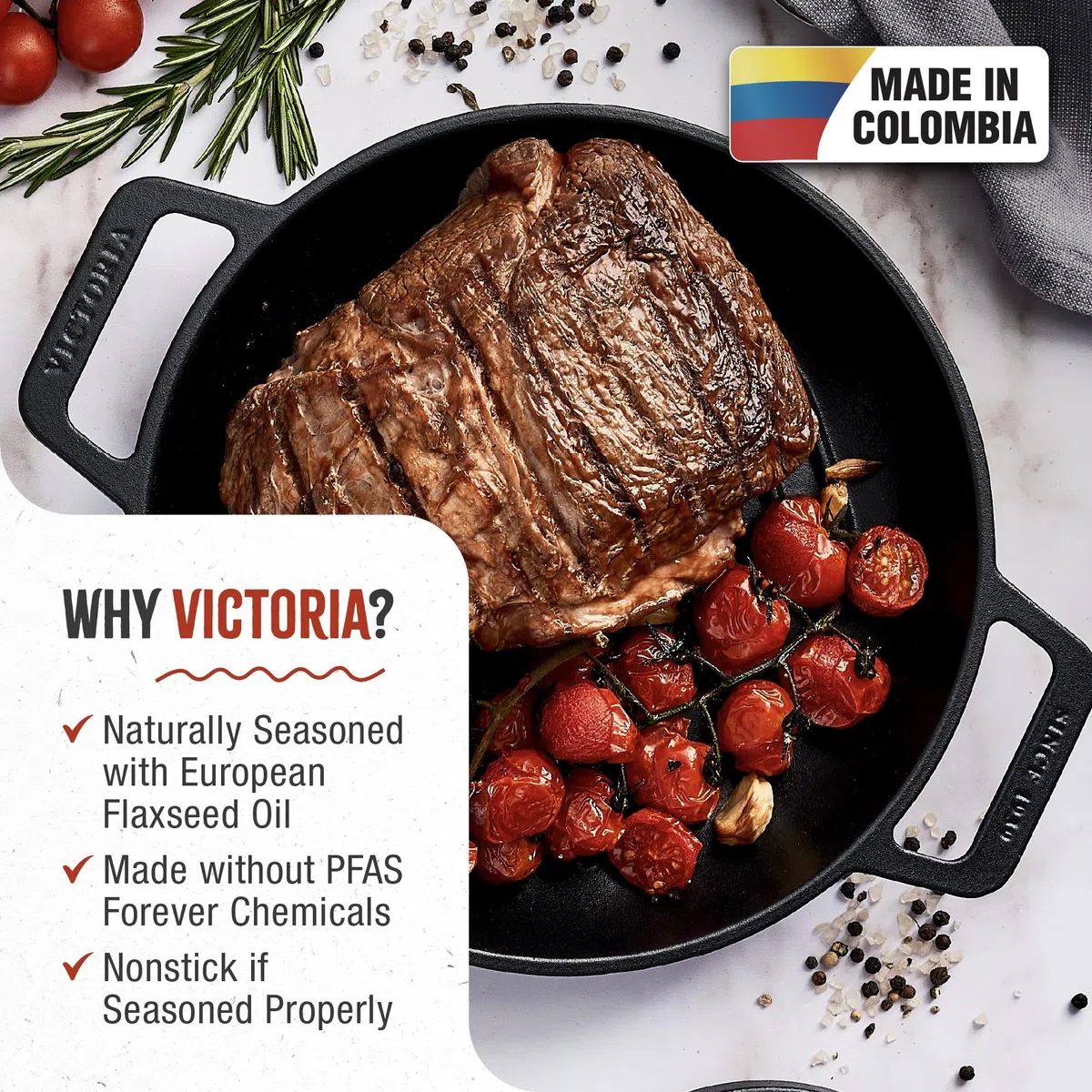 Victoria SKL-311 - Bistecchiera rotonda in ghisa con manici a doppio anello, condita con olio di semi di lino 100% certificato Kosher, non OGM, colore: nero