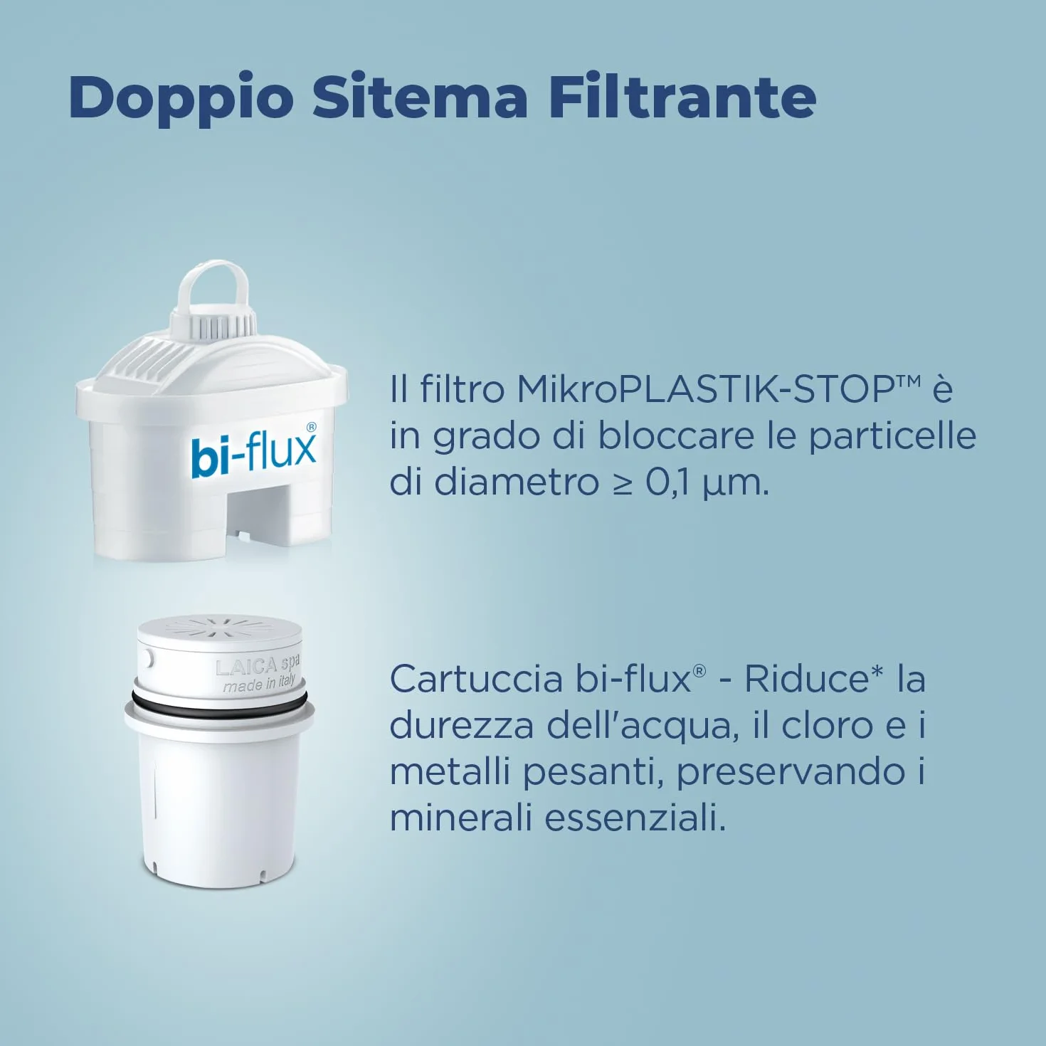 LAICA MikroPLASTIK-STOP Caraffa Filtrante - 3L - Azzurro - con 1 Filtro bi-flux e 1 Filtro MikroPLASTIK-STOP, Preserva i sali minerali e Riduce le microplastiche - Timer analogico - Made in Italy