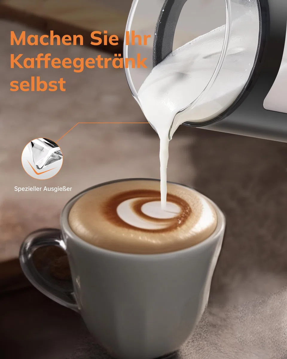 Morpilot Montalatte elettrico, 4 in 1, per acqua calda e fredda, 550 W, 600 ml, design latte, vetro visivo, facile da pulire, nero