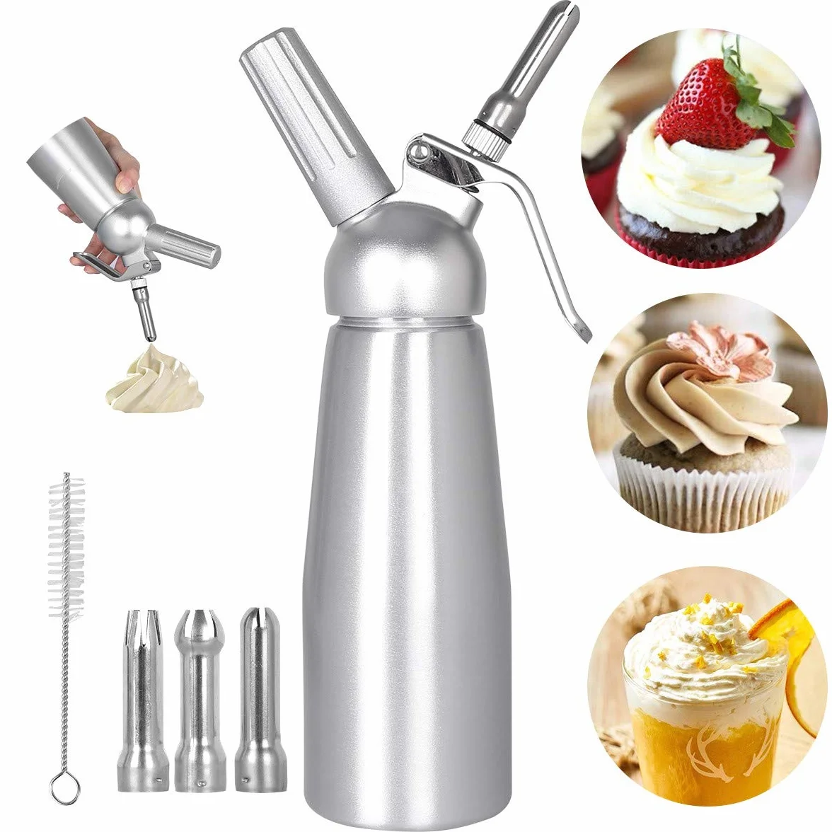 Sifoni Panna Montata 500ML Professionale Sifone per Panna Montata Plus 3 Ugelli Sifone da Cucina per Decorazione in Acciaio inox torte di Compleanno Gelato Formaggio Pasticceria Frullati e Dessert