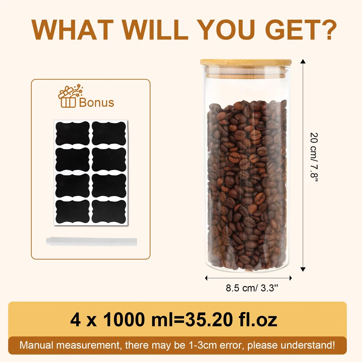 FoiiLiio Barattoli Vetro con Coperchio Set di 4 Barattolo Vetro con Coperchio in Bambù 1000ml, Ermetici, per Spezie, Noci, Cereali - Φ8.5x20cm