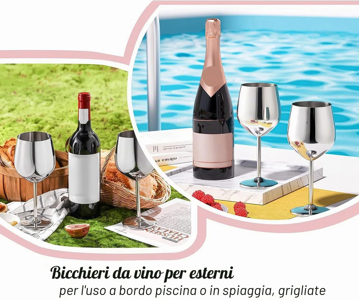WOTOR Calici Da Vino In Acciaio Inox Set Di 4, 540ml Metallo Bicchieri Vino Rosso, Infrangibili e Portatili, Idonei Utilizzo All'aperto, Regalo Per Gli Amanti Fel Vino (Argento)