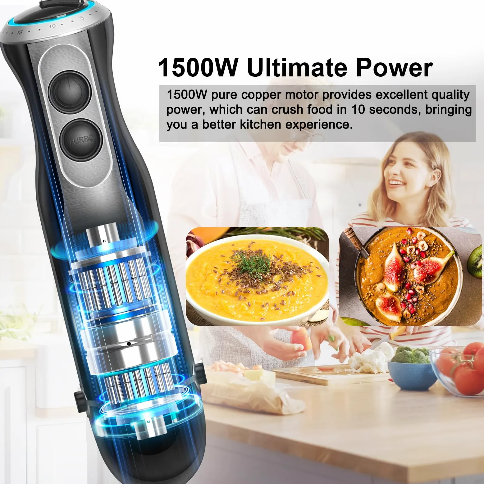 1500W Frullatore a Immersione, 4 In 1 Mixer Multifunzione Professionale Con 20 Velocità e TURBO, Acciaio Inox 304, Frusta, Tritatutto 500ml e Misurino 600ml,Per Smoothie Zuppe Salse,senza BPA