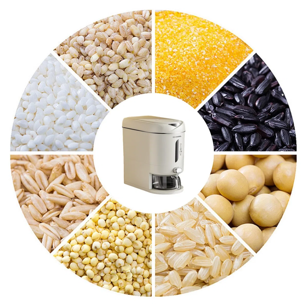 Dispenser di riso – contenitore per riso, dispenser per cereali da cucina, ermetico, grande, resistente all'umidità, dispenser multifunzionale per riso, cereali, mais, soia e farina d'avena