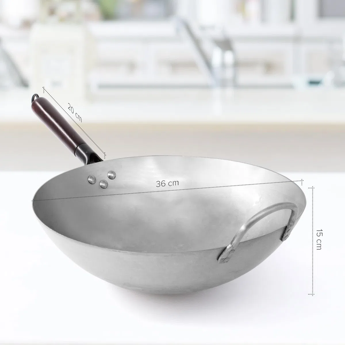 Joeji's Kitchen Wok in acciaio al carbonio 35 cm - Fondo tondo - Manico in legno rimovibile - Stile tradizionale martellato a mano - Padella Wok cinese robusta e pesante - Perfetta per piatti asiatici