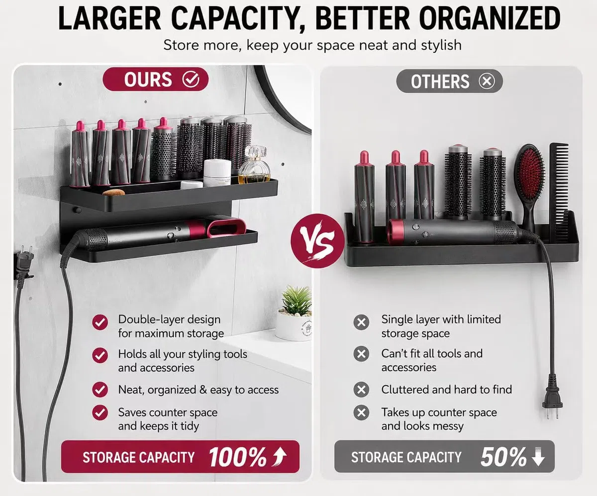 2 in 1, supporto da parete per asciugacapelli Dyson Airwrap, senza foratura, facile da riporre esteticamente gradevole, per asciugacapelli Dyson, supporto da parete e organizer in materiale