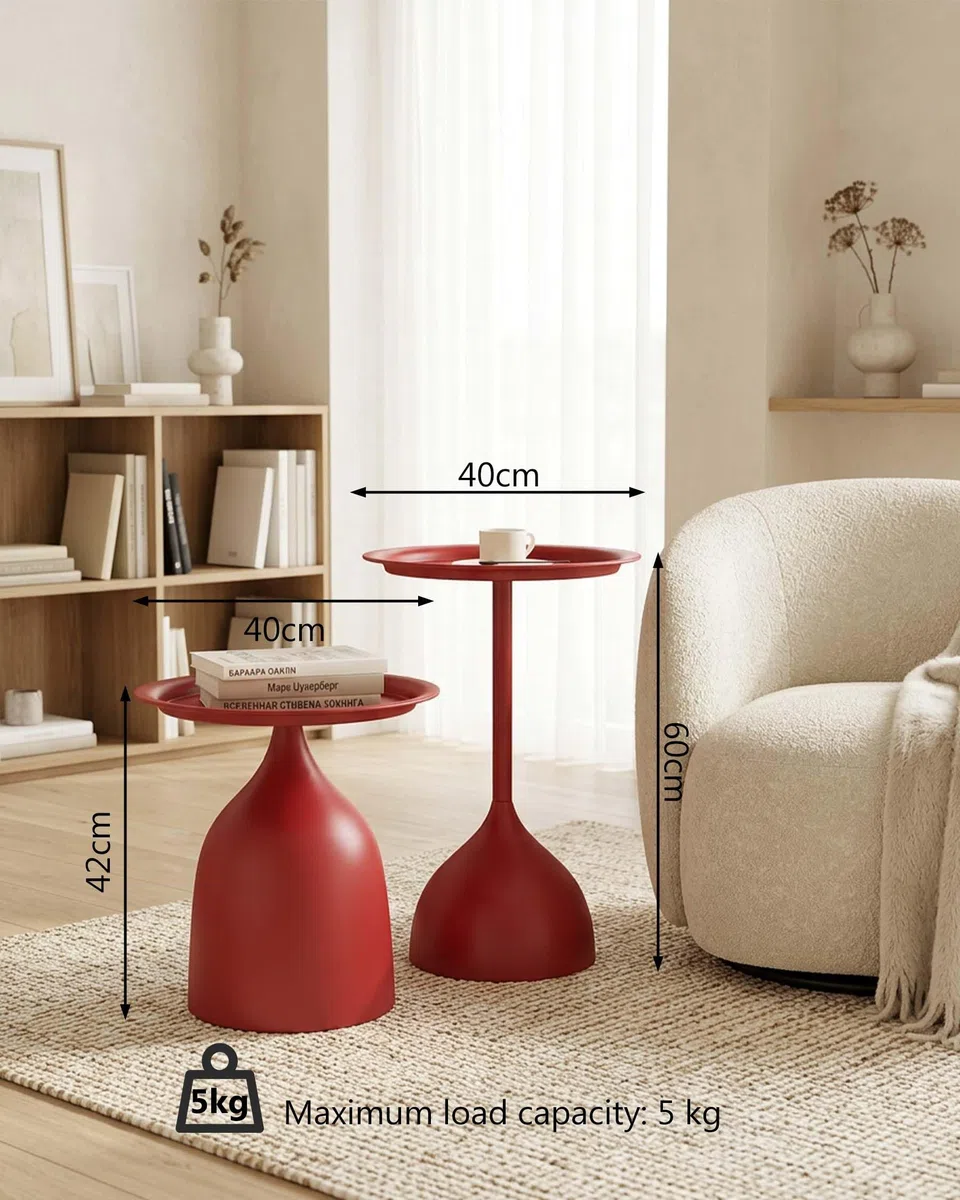 Tavolini da Salotto Rosso in Metallo Set di 2 Tavolino da Divano Rotondo Moderno, Tavolino da Balcone Impermeabile e Antiruggine Tavolo Rotondo per Soggiorno e Camera, H 42+60cm