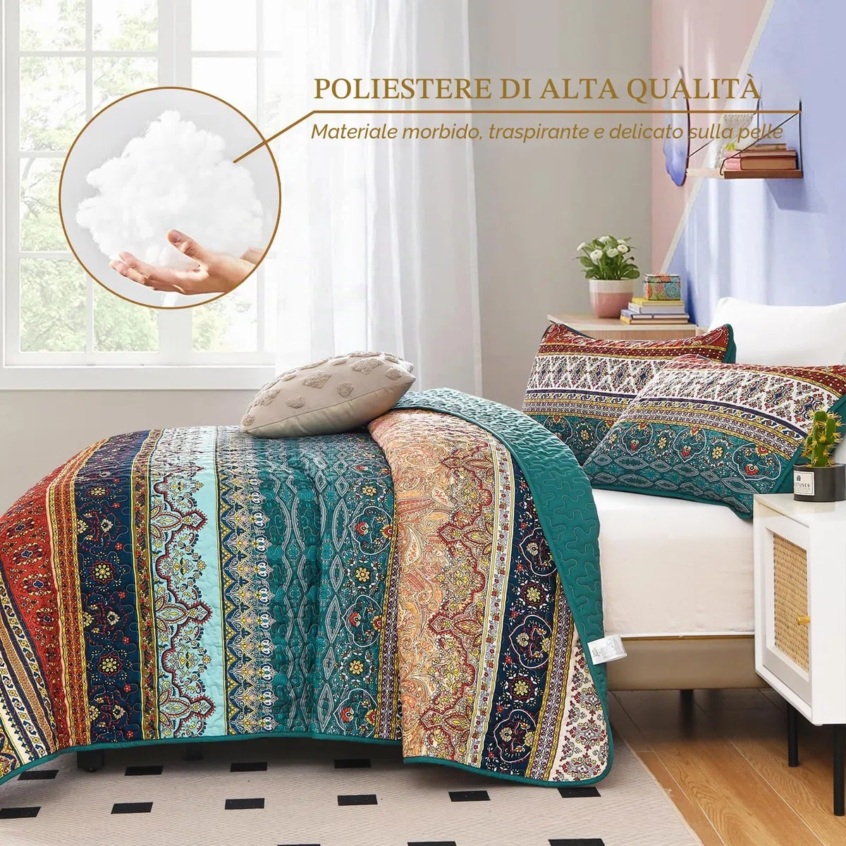 WONGS BEDDING Copriletto 220 x 240 cm, copriletto bohémien, 3 pezzi, per letto matrimoniale, in microfibra, con 2 federe da 50 x 75 cm, per camera da letto, divano, colore: marrone