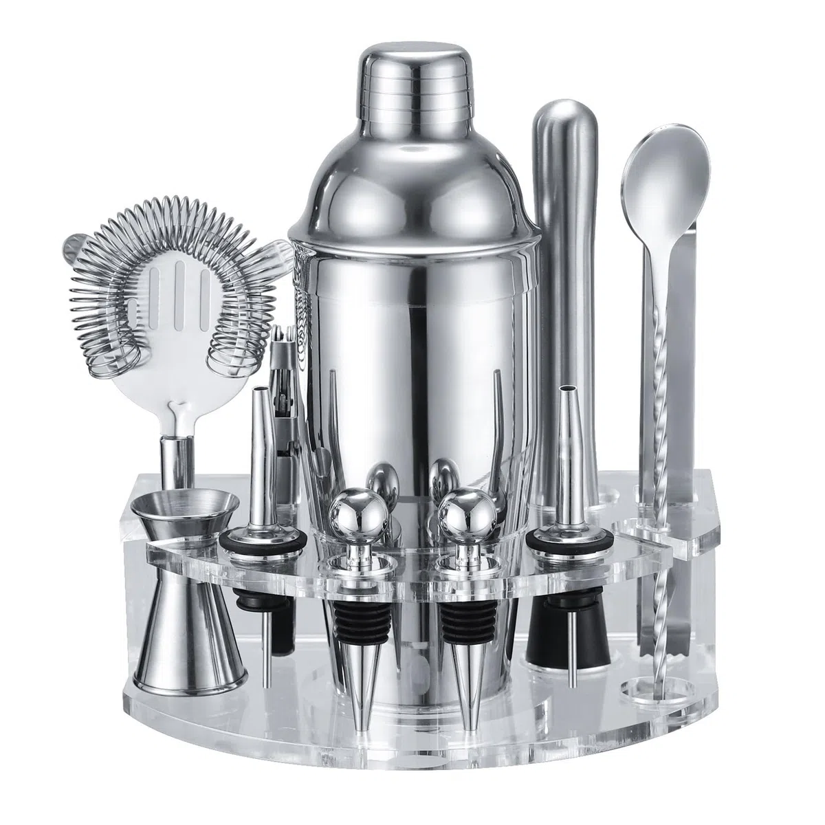 Set Shaker Cocktail con Supporto, Kit Cocktail in Acciaio INOX con 12 pezzi di accessori da bar, 750ML Dosatore Cocktail Set per Home Bar Party Wedding, Kit Barman Regali per Papà uomini (Argento)