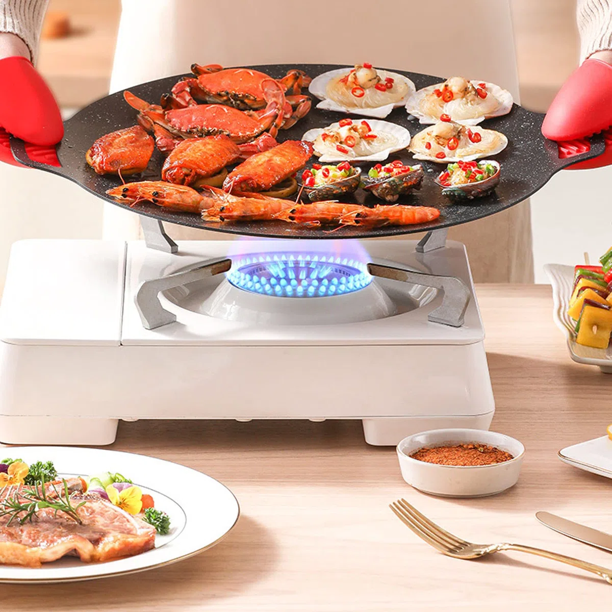 Piastra per griglia rotonda in ghisa, padella coreana per BBQ antiaderente, 33 cm, per uso domestico e all'aperto'