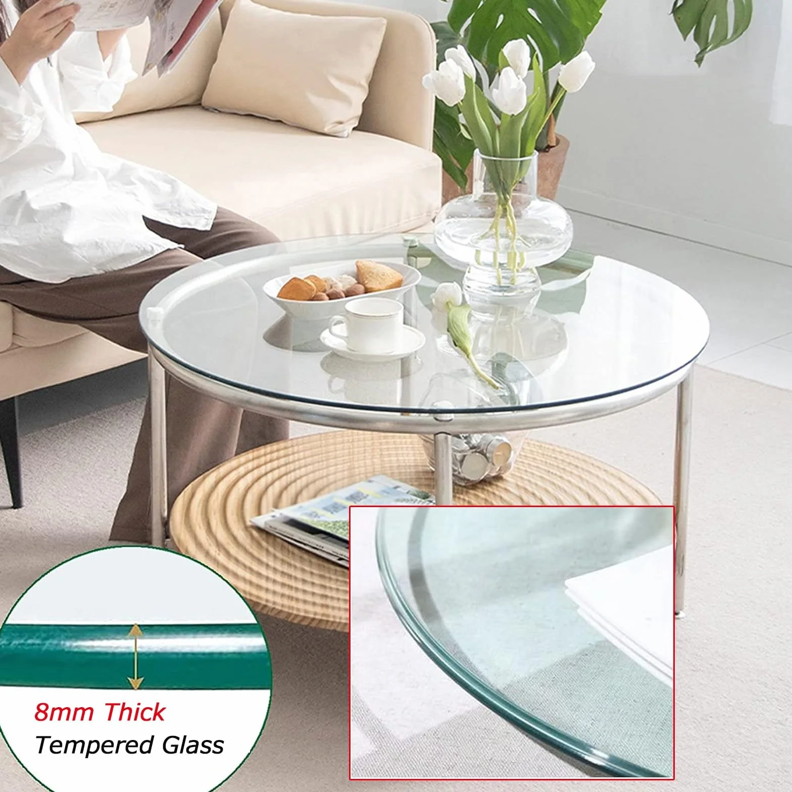 V3VOGUE Piano Tavolo in Vetro Temperato, Tavolo Pranzo in Vetro Rotondo Ø35cm-100cm, Vassoio in Vetro, Spessore: 8 Mm, Bordo Arco Lucido, per Interni Esterni Ripiano(35cm)