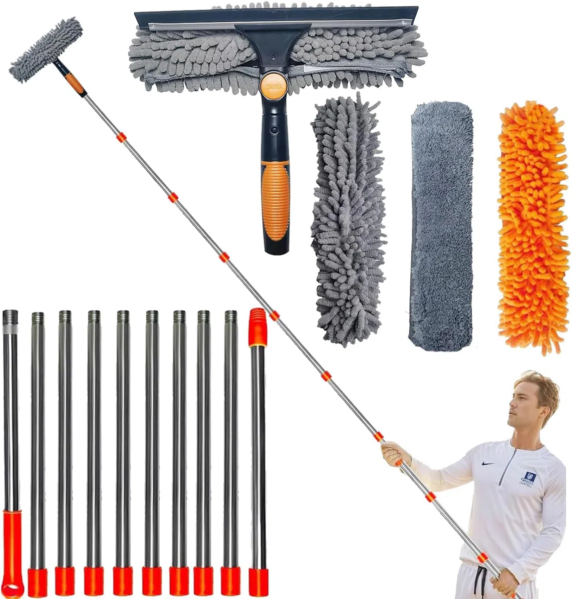 6,1 m + Reach lavavetri Duster 2 in 1, kit di strumenti per la pulizia dei vetri ruotabile con asta di estensione da 0,9 a 4,3 m, attrezzatura per il lavaggio dei vetri per interni ed esterni, 3