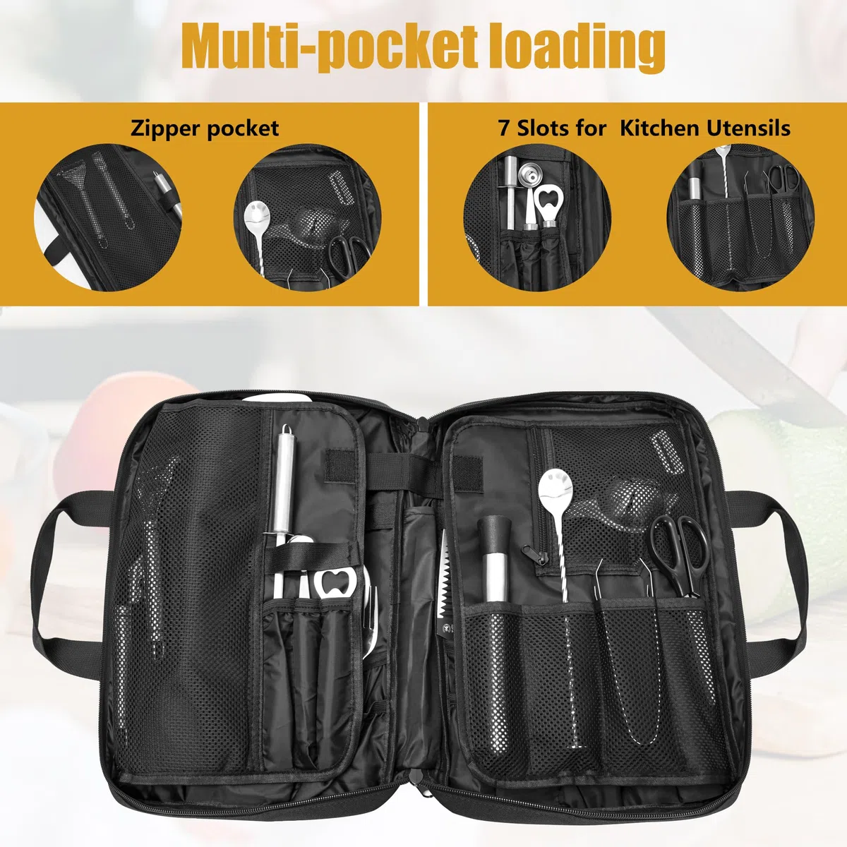 Portacoltelli da cuoco, tasca per coltello, 16 scomparti, borsa portatile, coltello professionale grande, manico e tracolla, 40 x 25 x 6 cm, nero