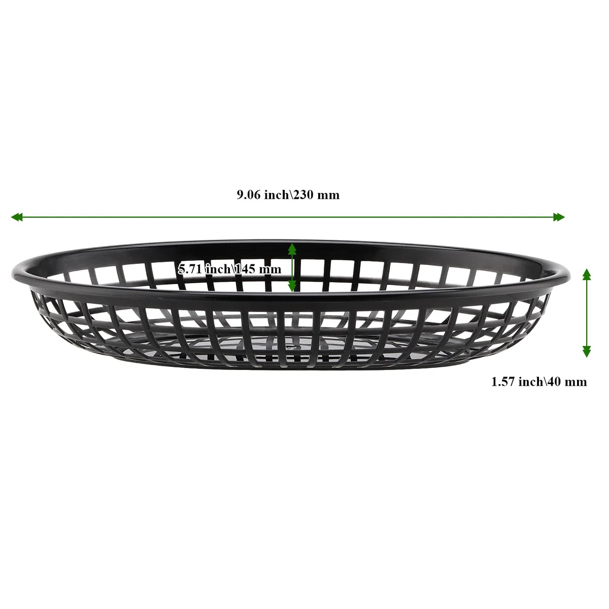 Confezione da 60 cestini ovali per alimenti in plastica, per fast food, colore nero, per patatine, hot dog, hamburger, panini, barbecue, picnic, feste, 23 x 14,5 x 4 cm