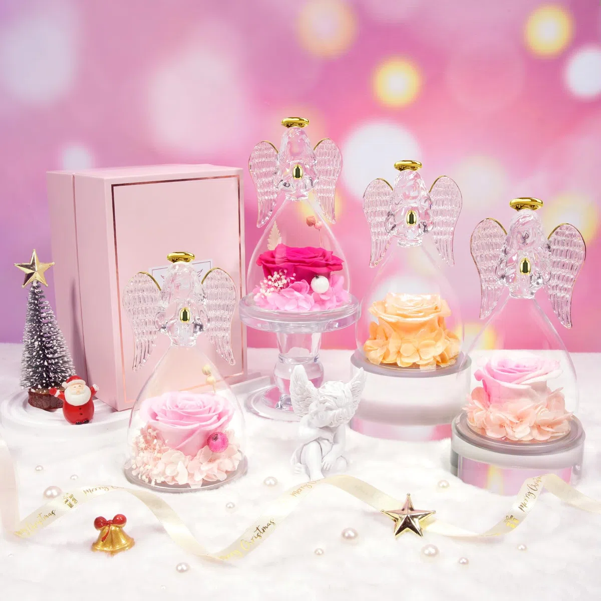Sunia Rosa Eterna Regalo Donna, Rosa Stabilizzata Vera in Angel Cupola, Angelo Figurine di Vetro per Mamma e Nonna, Regali Compleanno, Natale, San Valentino e Festa della Mamma