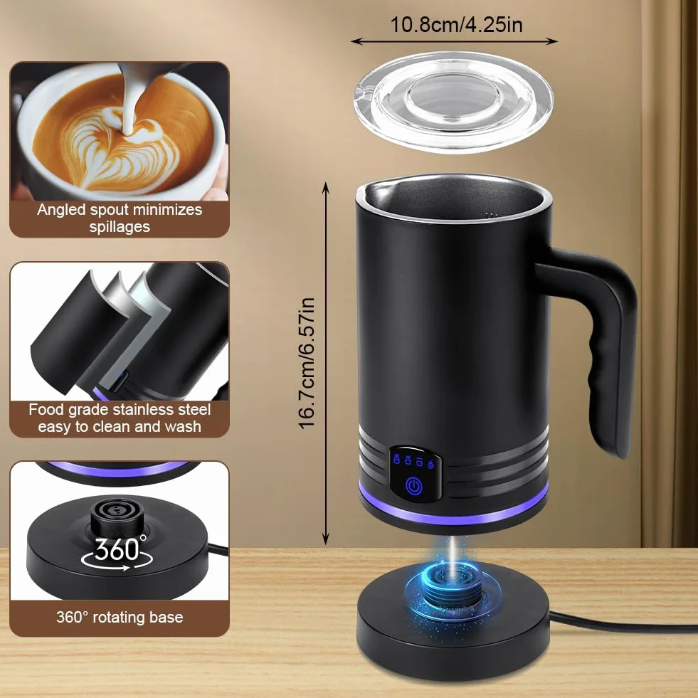 HOTUT Montalatte Elettrico Automatico, 4 in 1 Montalatte per Cappuccino Silenzioso, Capacità 160 ml Cappuccino o 430 ml Latte Caldo, Schiuma Latte Elettrico per Caffè, Cioccolata Calda, Cappuccino